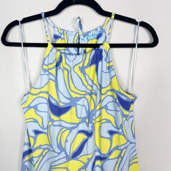 J McLaughlin XS Blue Yellow Catalina Cloth Halter Mini Dress Geometric Printed - Picture 3 of 10